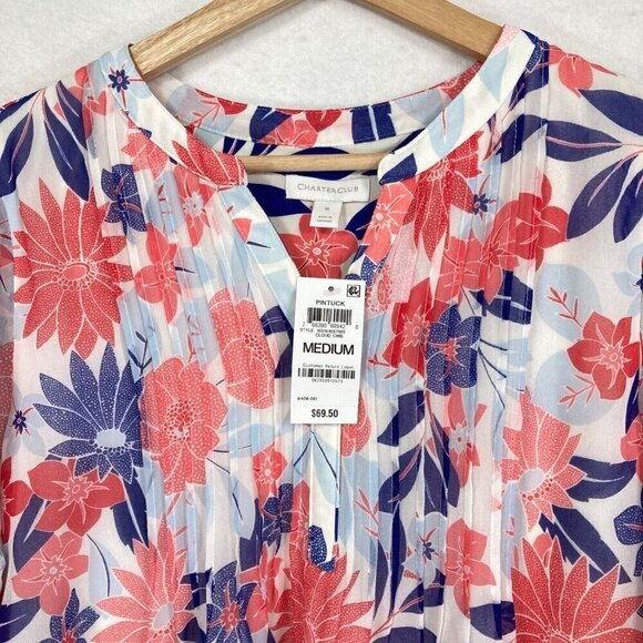 Charter Club Floral Pintuck Blouse Boho Peasant Grandma Cottage Core NWT M - Picture 2 of 6